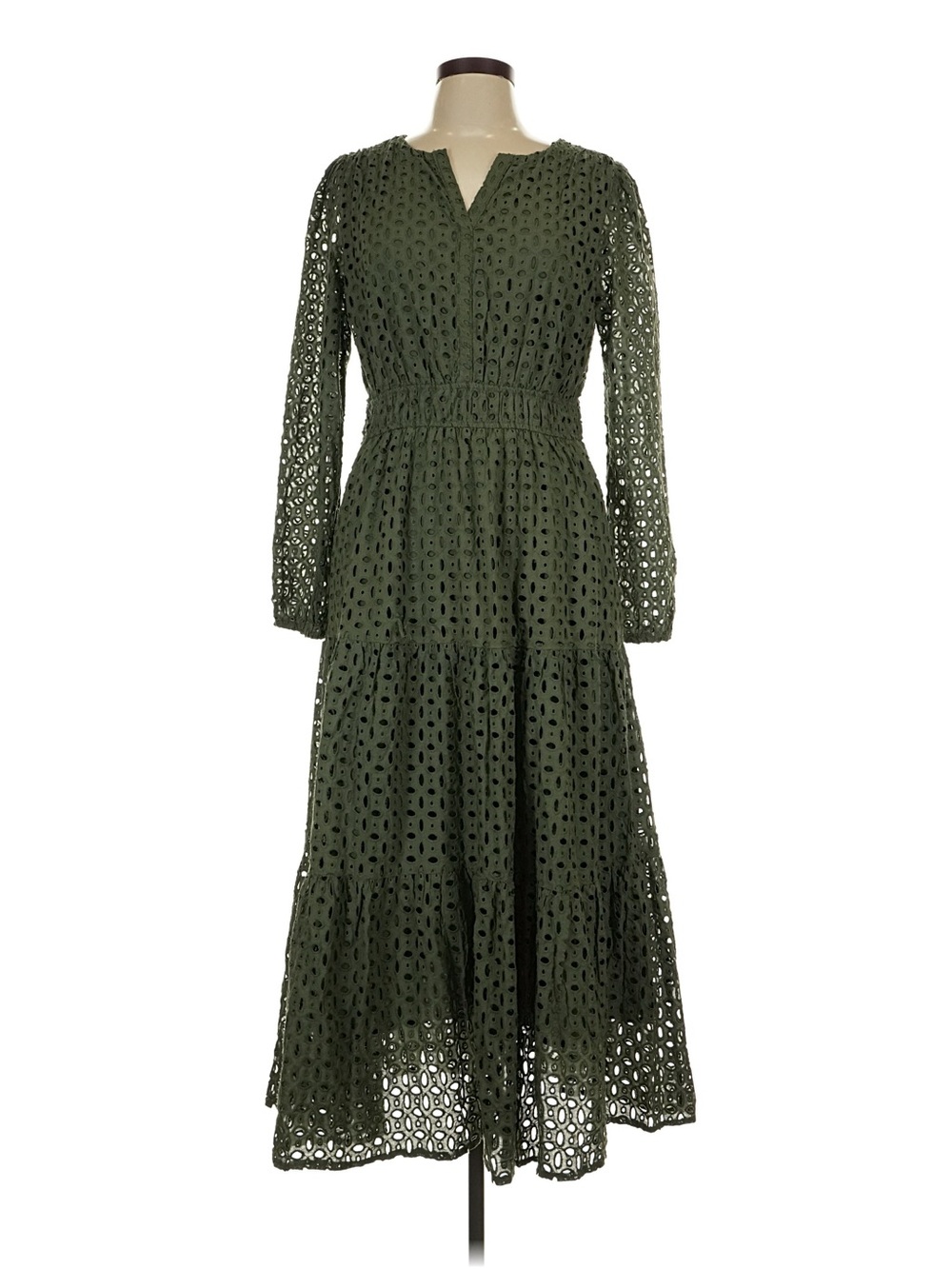 Zesica Flawed Olive Eyelet Long-Sleeve Tiered Maxi Dress
